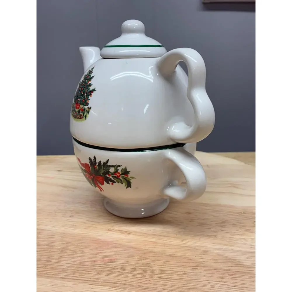 Pfaltzgraff Christmas Tree Tea for One Set | Teapot and Cup Stackable